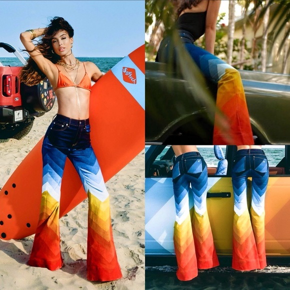 Alice + Olivia x Bronco Multicolored SB Wide Leg Bell Jeans - Picture 4 of 16